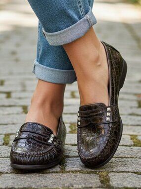 Brighton “Mohawk” Metallic Brown Leather Croc-Texture Slip-On Shoe